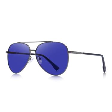 Imagem de Design masculino feminino clássico retrô rebite óculos de sol polarizados TR90 pernas design mais leve armação oval UV400, Armação cinza/lente espelhada azul, Lens Width: 51 Millimeters