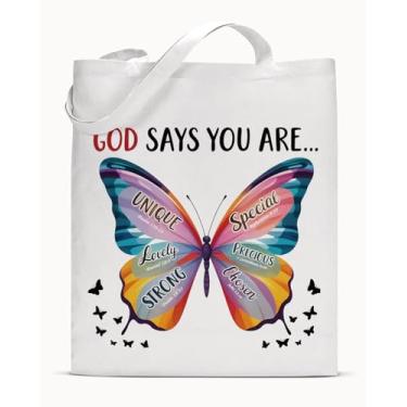Imagem de Sacola de lona cristã para mulheres, meninas, versículo bíblico, God Says You Are Butterfly, reutilizável, compras, mercearia, bolsa de ombro para praia