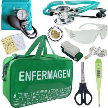 Imagem de Kit Bolsa Aparelho de Pressão Esfigmomanômetro Esteto Incoterm, Verde