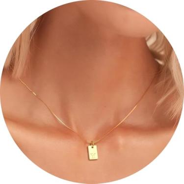 Imagem de Colar com inicial feminina, pingente retangular banhado a ouro 18K, joia mínima de A a Z, colar personalizado, 18+2in, Aço inoxidável, Sem Pedra Preciosa