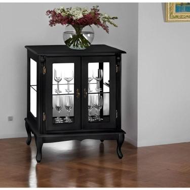 Imagem de Cristaleira Pequena De Madeira 2 Portas Vidros Na Lateral E Espelho Pés Luiz Xv - Preto Laca