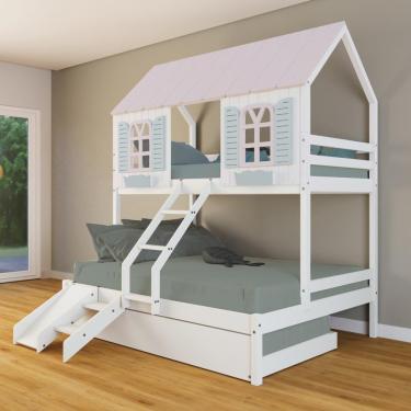 Imagem de Treliche Casal/ Solteiro Casinha Bela Com Kit Escada/escorregador - Madeira Maciça Branco/rosa/verde Housin