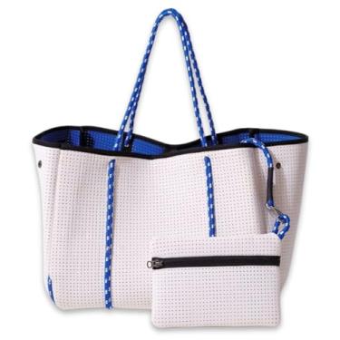 Imagem de PopUps Bolsa grande de neoprene para praia, academia, fraldas, piscina, viagem – leve, resistente à água, Branco, azul, Large