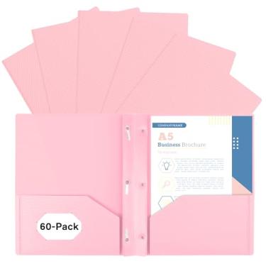 Imagem de EEHZTSI Pacote com 60 de plástico e bolsos e pontas, 2 bolsos e 3 fixadores, pastas pastel para papel tamanho carta dos EUA para escola/escritório/casa, rosa