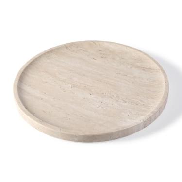 Imagem de Koville Bandeja de travertino natural para decoração de casa, bandeja de servir redonda de 25 cm para cozinha e mesa de centro, bandejas decorativas de banheiro de mármore para balcão, bandeja de