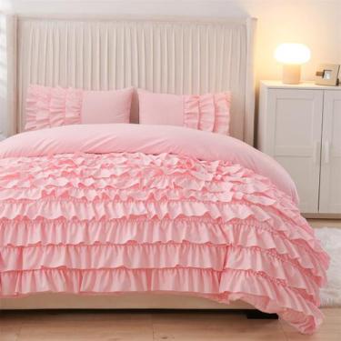 Imagem de Conjunto de edredom Holawakaka Pink Waterfall Ruffle Twin Size