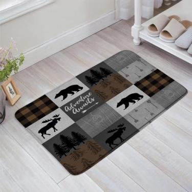Imagem de YSSFAV Tapete de banho rústico para cabana urso veado alce acampamento chalé caça xadrez xadrez espuma de memória banheiro cozinha quarto sala de estar tapete macio, 45 x 75 cm