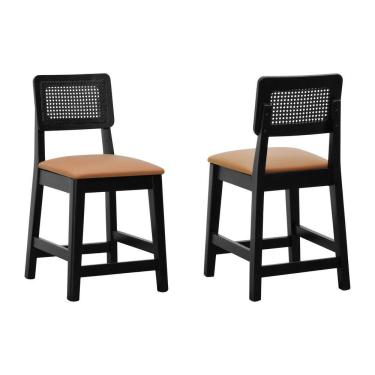 Imagem de Kit 2 Banquetas Madeira Maciça Assento Estofado Preto Assento Estofado Corano Caramelo