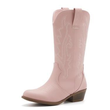 Imagem de Botas de caubói bordadas para meninos e meninas, cano médio, bico redondo, sapatos de equitação para crianças pequenas/crianças grandes, rosa, 3 Little Kid