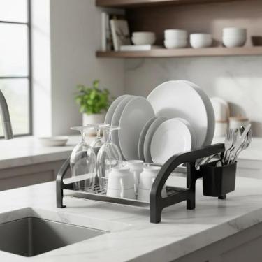 Imagem de Escorredor de Louça 16 Pratos Preto em aço Inox Cama com Porta Talher 