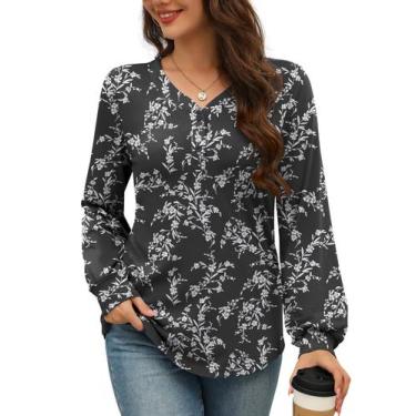 Imagem de Camisa feminina Rapbin elegante com decote em V, mangas compridas, flo