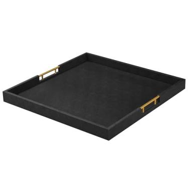 Imagem de Bandeja grande de couro sintético preto de 50 x 50 cm com alças douradas para todas as ocasiões, serve comida café da manhã na cama, decoração de casa, sala de estar, organizador quadrado de mesa de
