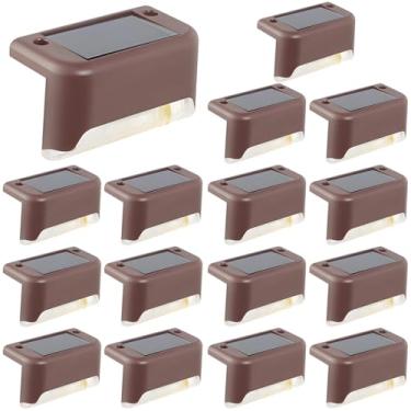 Imagem de Painéis solares de silicone amorfo, 16 peças de luzes de cerca solares, luz branca quente, material Pp/PC, luzes de deck LED, à prova d'água, para ambientes externos, marrom, para grades e escadas