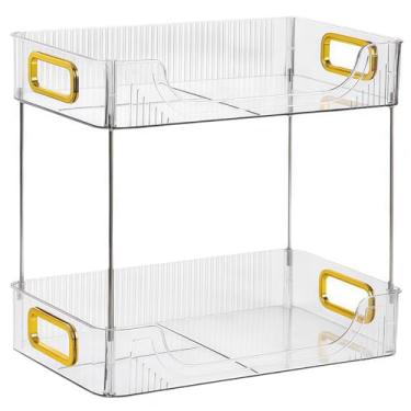 Imagem de Organizador de prateleira de banheiro transparente com detalhes dourados, bandeja de armazenamento de bancada de duas camadas, suporte removível para produtos de higiene pessoal e cuidados com a pele