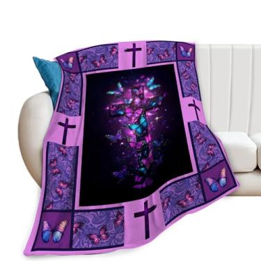 Imagem de Cobertor de cruz cristã, cobertor de borboleta roxa, presentes religiosos, cobertores de flanela para mulheres, homens, meninos, meninas, adultos, roupa de cama macia para sofá-cama, decoração de casa