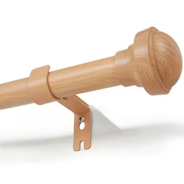 Imagem de Varões de cortina de madeira para janelas 66 a 120, varão de cortina resistente telescópico ajustável de 2,5 cm com suportes ajustáveis, fácil instalação e acabamentos modernos, adequado para vários