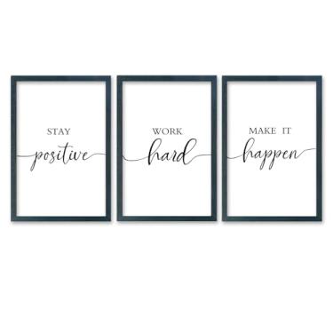 Imagem de SRSZHIYUE Decoração motivacional de escritório 40,6 cm × 28,7 cm Conjunto de 3 Stay Positive Work Hard Make It Happen Citações inspiradoras Arte de parede emoldurada de madeira (preto)