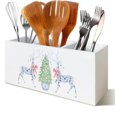 Imagem de YTRGI Chinoiserie Organizador de lápis de caneta de rena de veado de Natal para mesa, decoração de Natal elegante, placa de bloco de madeira de Natal da Grandmillennial para decoração de mesa de