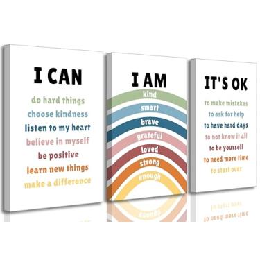 Imagem de 3 peças de arte de parede em tela de afirmações infantis arco-íris berçário afirmações positivas citações inspiradoras pintura infantil decoração de parede pôster impressão arte para sala de aula