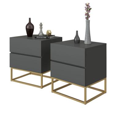 Imagem de Conjunto 2 Mesa De Cabeceira Industrial Pé De Ferro Dourado Cor:cinza