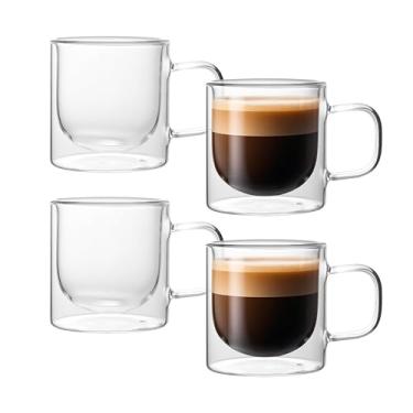Imagem de NIRA.Z Canecas de café de vidro de parede dupla de 355 ml, conjunto de 4 xícaras de café transparentes com alça de 355 ml, xícaras de chá de vidro isoladas sopradas à mão para bebidas quentes e frias