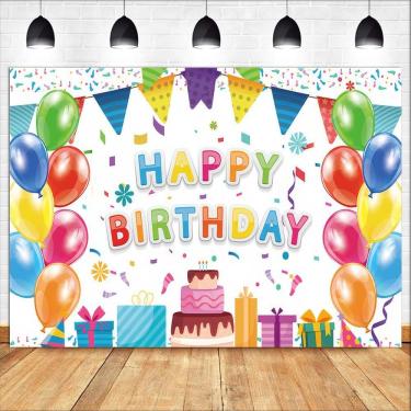 Imagem de Tapeçaria para pendurar na parede, festa de aniversário, balões coloridos, bolo