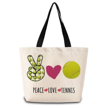 Imagem de ZhuVantrix Bolsa de mão para tênis Peace Love, reutilizável, bolsa de ombro de compras estética com bolso interno com zíper, presente elegante com tema de tênis, para fãs e mulheres