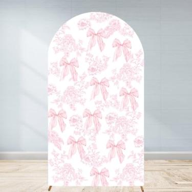 Imagem de Capa de fundo de arco floral com laço rosa, 1,8 m, flor, coquete, menina, bebê, flor, chá de panela, festa, toile pastel, aniversário, casamento, noiva, Chiara, parede, elástico, elástico, arqueado