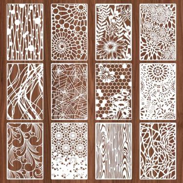 Imagem de 12 peças de estênceis de textura para artesanato, estênceis reutilizáveis para pintura na parede, lona, decoração de cartão de bolo, grãos de madeira, rede de aranha, flores, camadas, tinta spray