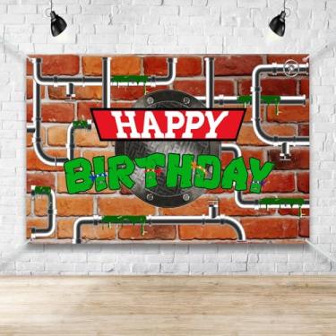 Imagem de Banner de festa de aniversário de tartaruga de desenho animado, pano de fundo de feliz aniversário com tema de herói verde, decorações de festa de répteis para meninos e crianças, fundo e suprimentos