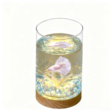 Imagem de DJYILUF Tanque de peixes Betta pequeno com luz quente e decoração, aquário de vidro transparente de 1 litro/vaso/terrário de plantas hidropônicas, kit completo para iniciantes para mesa, presente