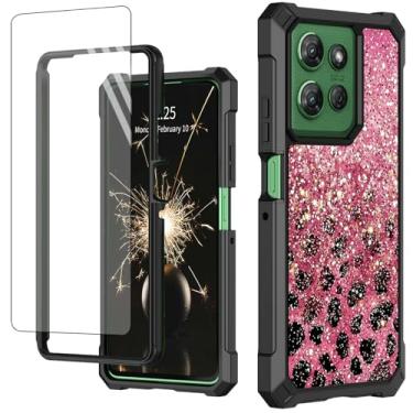 Imagem de SDFCVBTYU Capa para Motorola Moto G Stylus 5G 2025 com protetor de tela de vidro temperado, proteção total à prova de choque, resistente, durável, capa de telefone durável, Glam Pink Glitter Leopard