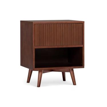 Imagem de Teamson Home Mesa de cabeceira de cabeceira de 50 cm de largura com 1 gaveta e prateleira aberta, frente canelada e estilo contemporâneo com pés de madeira de borracha maciça, armazenamento duplo e