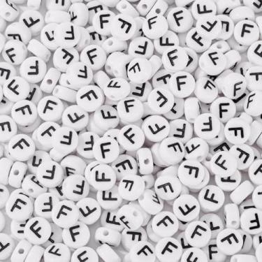 Imagem de Elecrelive 500 peças contas de letras redondas planas 7 mm contas brancas do alfabeto para pulseira da amizade, colar, fabricação de joias (letra F)