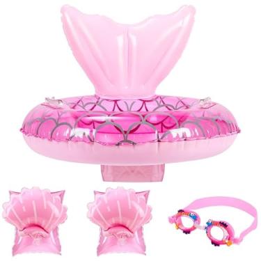Imagem de Leitee Conjunto de 3 boias de piscina de sereia, inclui óculos de natação infláveis para bebês, faixas de braço, boias de piscina para bebês, auxiliares de treinamento de natação na água