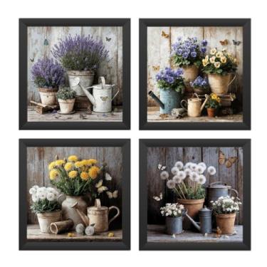 Imagem de Kit 4 quadros 18x18 cm banheiro varanda cozinha flores vaso borboleta - Decoração para Banheiro, Cozinha e Varanda(Preta)