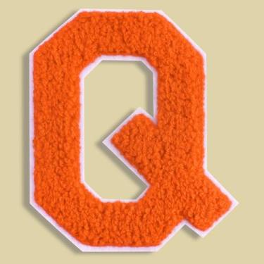 Imagem de QianSiLi Adesivos de letras universitárias de chenille laranja de 11 cm, letras grandes para jaquetas Letterman, moletons com capuz, mochilas, coletes, roupas, adesivos individuais de letra Q