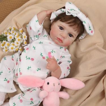 Imagem de Boneca Bebê Reborn Menina Silicone Realista Pintado 48cm Cabelo Implantado Olhos Castanhos com Roupas e Acessórios