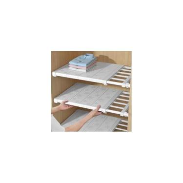 Imagem de Prateleira Inteligente Extensível, Branca, Aço Carbono e Plástico PP, Ajustável 48-80cm x 36cm, Instalação por Pressão, para Armários, Despensas, Guarda-roupas