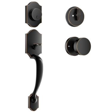 Imagem de SEVEKO Conjunto de maçanetas de porta dianteira, conjunto de maçanetas (puxador + fecho, bronze polido a óleo)