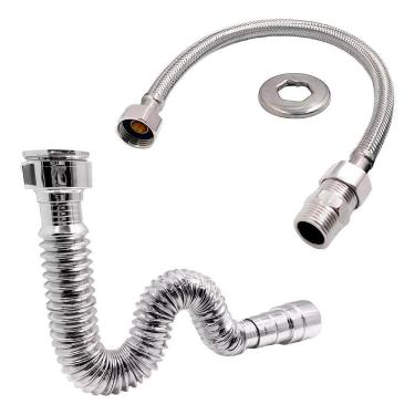 Imagem de Kit Sifão + Rabicho 60Cm Metal Inox Flexível Mangueira Pia