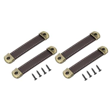 Imagem de PATIKIL Puxadores de gaveta de couro de 15 cm com folha de ferro, 4 peças de alça de couro, puxadores de armário de substituição com parafusos de 18 mm para bagagem, porta cômoda, mala, marrom