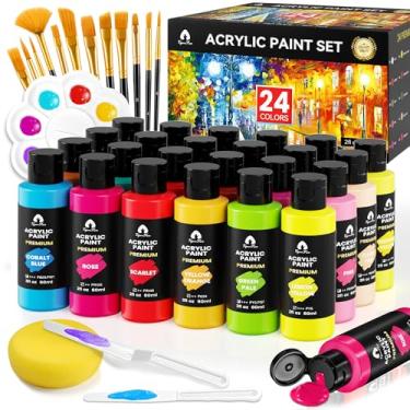 Imagem de Conjunto de 40 peças de tinta acrílica - 24 cores (60 ml) com pincéis, facas e paleta - presentes de pigmentos ricos para adultos, crianças, artistas e iniciantes - Pintura em tela, cerâmica, rocha