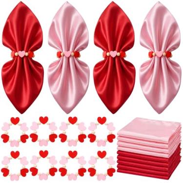 Imagem de Qinyoung 8 conjuntos de guardanapos de pano e anéis de coração para o dia dos namorados, anéis de guardanapo vermelho rosa de madeira para decoração de mesa de jantar e aniversário de casamento