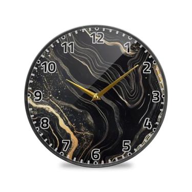 Imagem de WELLDAY Relógio de parede sem tique-taque 25 cm - Relógio redondo silencioso de quartzo operado por bateria de mármore preto dourado para casa/escritório/cozinha/sala de aula