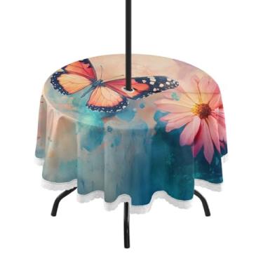 Imagem de CEBUGI Toalha de mesa redonda para uso externo, borboleta, impermeável, com furo Umberlla, capa de mesa lavável para pátio, cozinha, sala de jantar, 152 cm