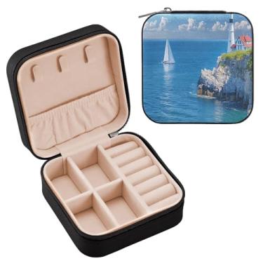 Imagem de YETTASBIN Caixa de joias Lighthouse para adolescentes, meninas, mulheres, presente de aniversário, Natal, caixa de armazenamento portátil de couro PU, mini estojo de joias de viagem para colar