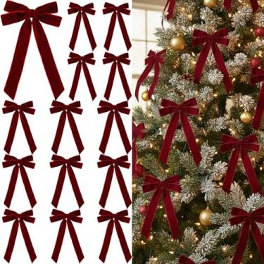 Imagem de Crossunx 16 peças de decoração de laços de árvore de Natal de veludo, laço de guirlanda vintage para guirlanda de Natal, embrulho de presente, árvore de Natal, 12,7 x 18 cm (tamanho bordô-grande)