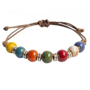 Imagem de Zlanderah Pulseira Boho com contas de cerâmica multicoloridas, pulseiras étnicas modernas, pulseira ajustável com contas, joias hippie feitas à mão, presentes para mulheres