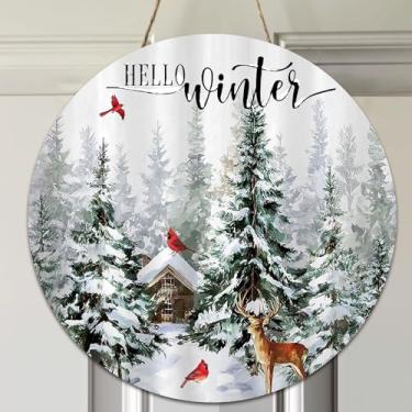 Imagem de Guirlandas de inverno para porta da frente, decoração de parede de inverno, guirlandas de janeiro, 30,5 cm, sinal de porta de helicóptero de inverno, placa de boas-vindas natural rústica